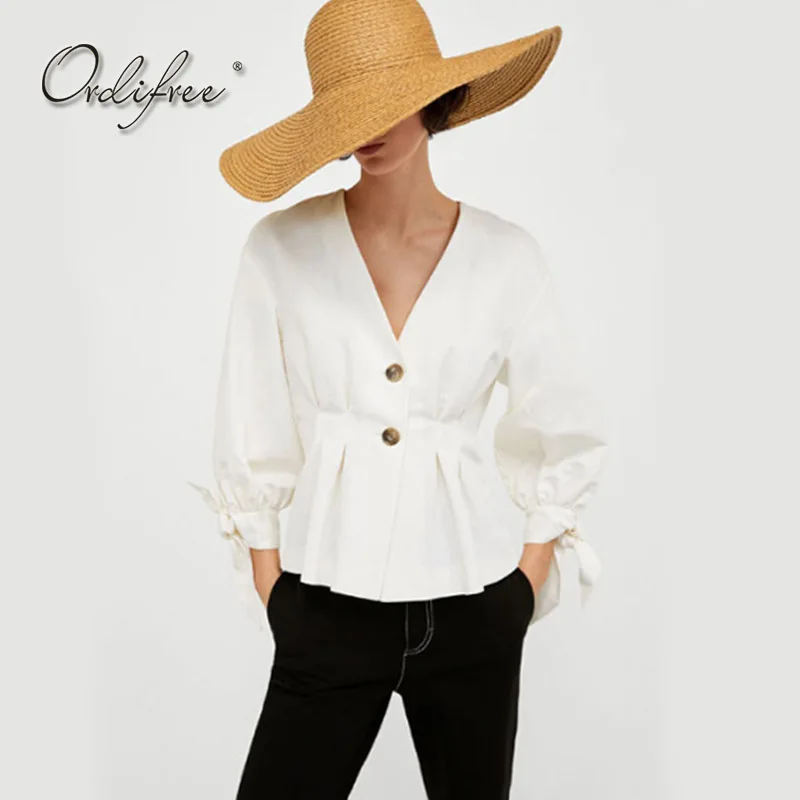 

Ordifree 2018 Summer Autumn Women White Blouse Bow Tie Slim Elegant Lady Tops Work Office Female Blouse Shirt