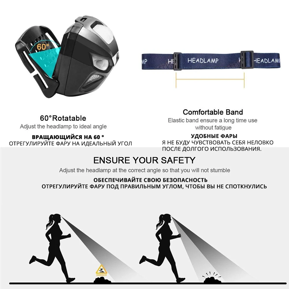 USB Перезаряжаемые светодиодный налобный фонарь сенсорный переключатель 6