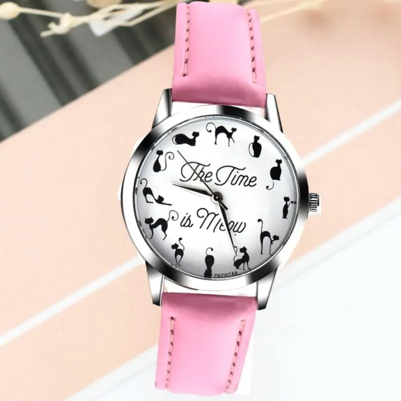 Женские часы, подарок, модные, с рисунком кота, для девушек, кварцевые наручные часы, с кожаным ремешком, часы, Reloj Mujer# F - Цвет: White