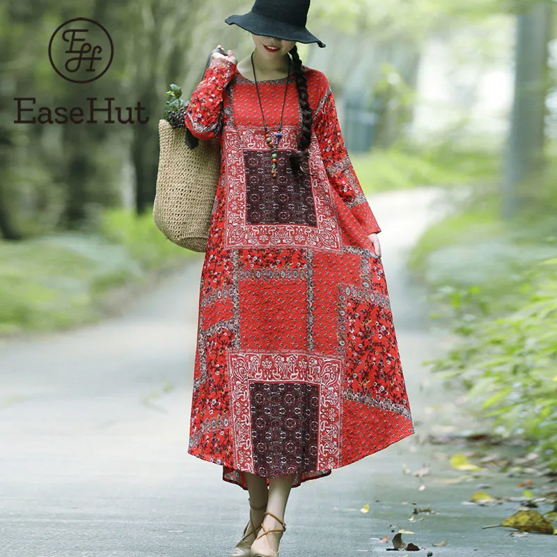 

EaseHut 2019 Spring Autumn Women Dress Loose Vestidos Robe Femininos Fashion Cotton Floral Long Sleeves Casual Print Long Dress