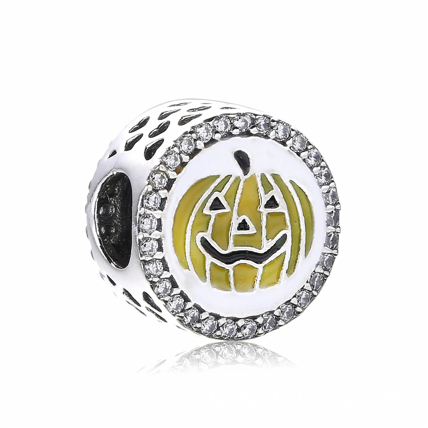 Genuine 925 Sterling Silver Pumpkin Charms Beads With Cz And Enamel