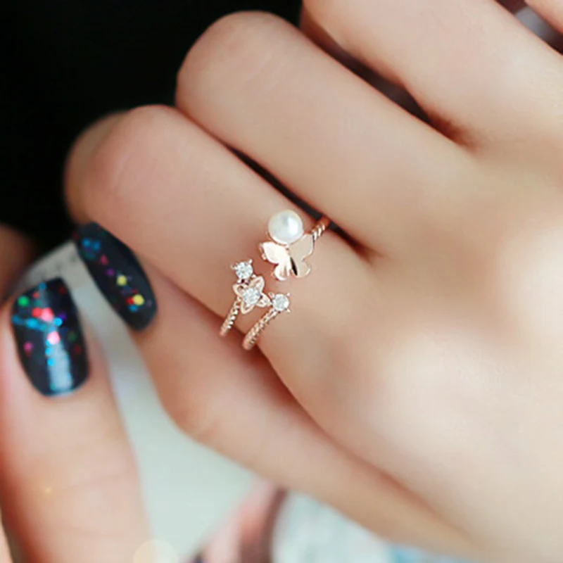 

Silver Color Luxury Crystal Imitation Pearls Butterfly Rings For Women Jewelry Fashion Open Adjustable Finger Ring