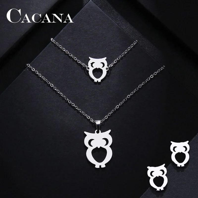 CACANA Stainless Steel Jewelry Sets For Women Owl Shape Necklace Bracelet Earring Jewelry Lover's Engagement Jewelry S1