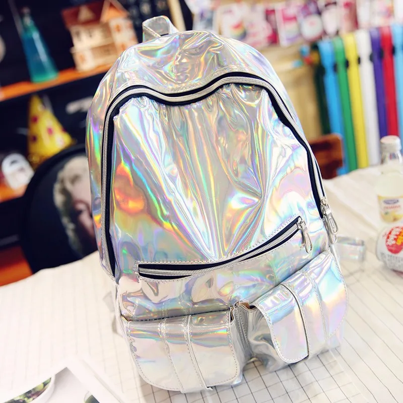 2017 Fashion Hologram Backpack For School Student PU Leather Women's