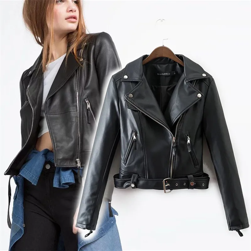 

Autumn New Zipper Turn Down Collar Black PU Leather Jackets Women Winter Motorcycle Coats Slim Faux Leather Jacket Biker ZA W002