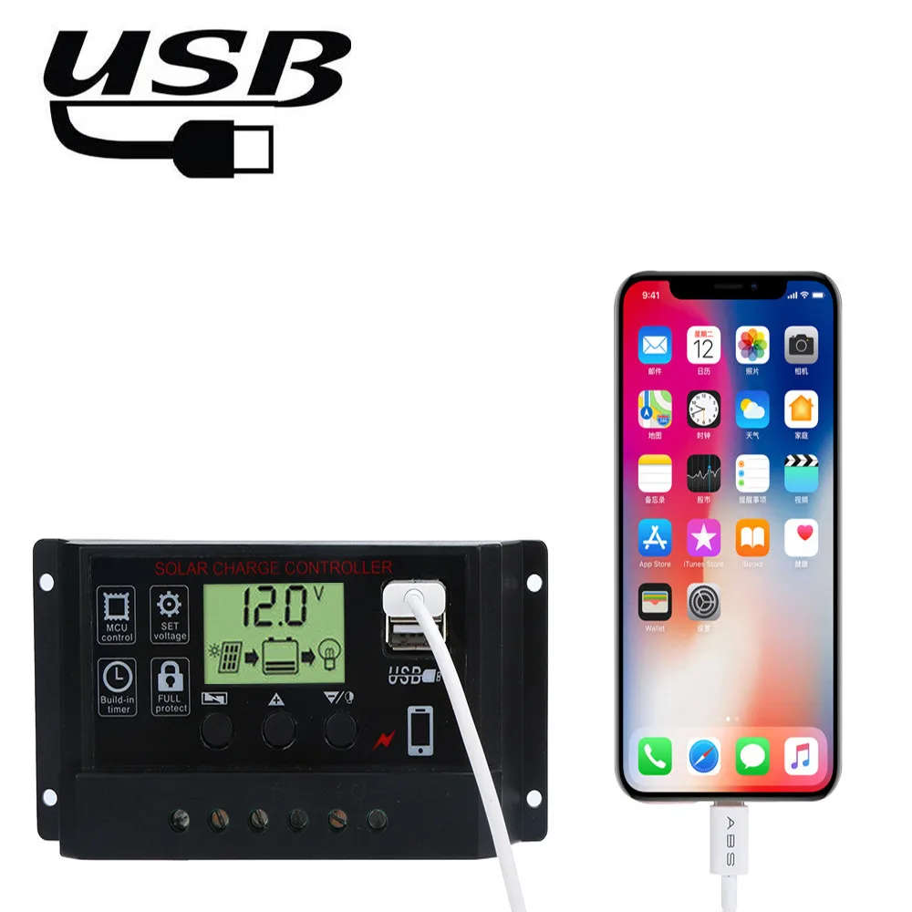

Solar Panel Regulator Charge Controller USB 10A/20A/30A/40A/50A/60A 12V-24V with Dual USB Solar System Controller Black