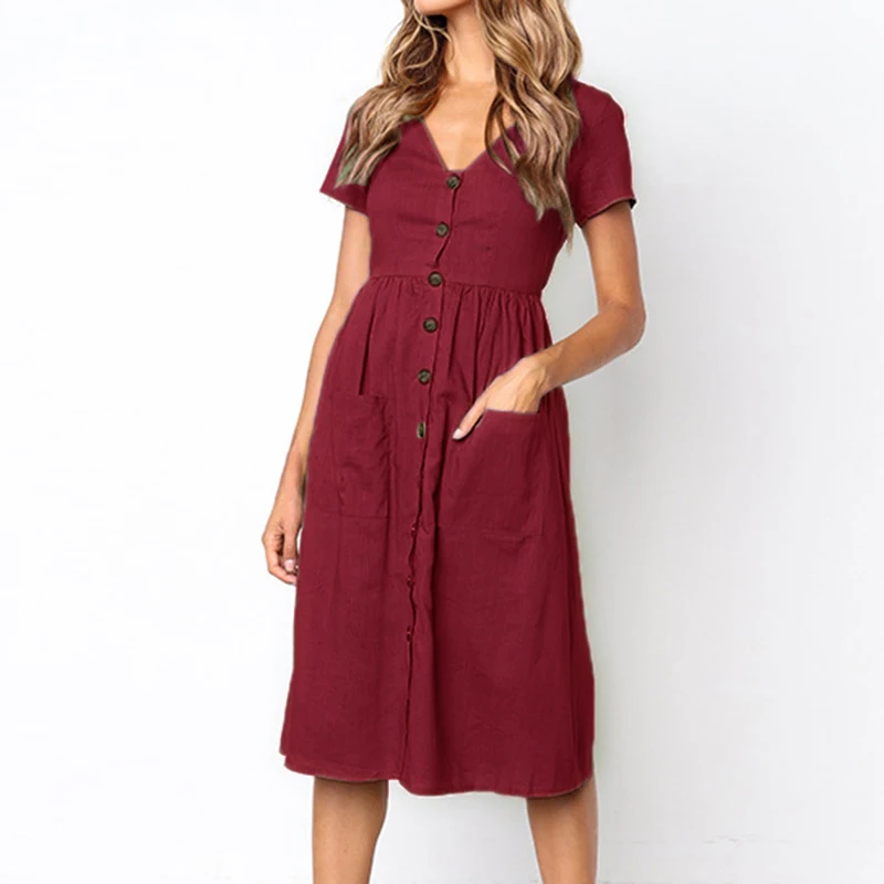 Women's Sexy Summer Dresses 2019 Boho Short Sleeve Button Solid Midi Dress Sundress With Pockets Lady Beach Party Dress Vestidos