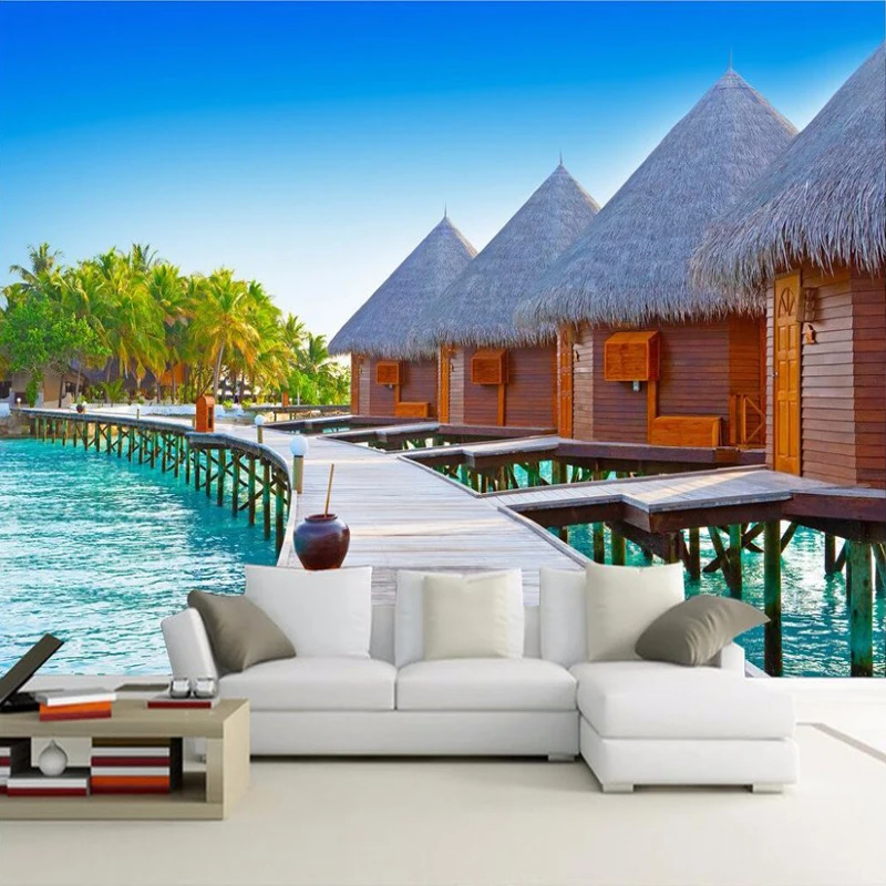 Custom 3D Photo Wallpaper Wooden Beach Huts Living Room Sofa Bedroom TV Background Wall Mural 