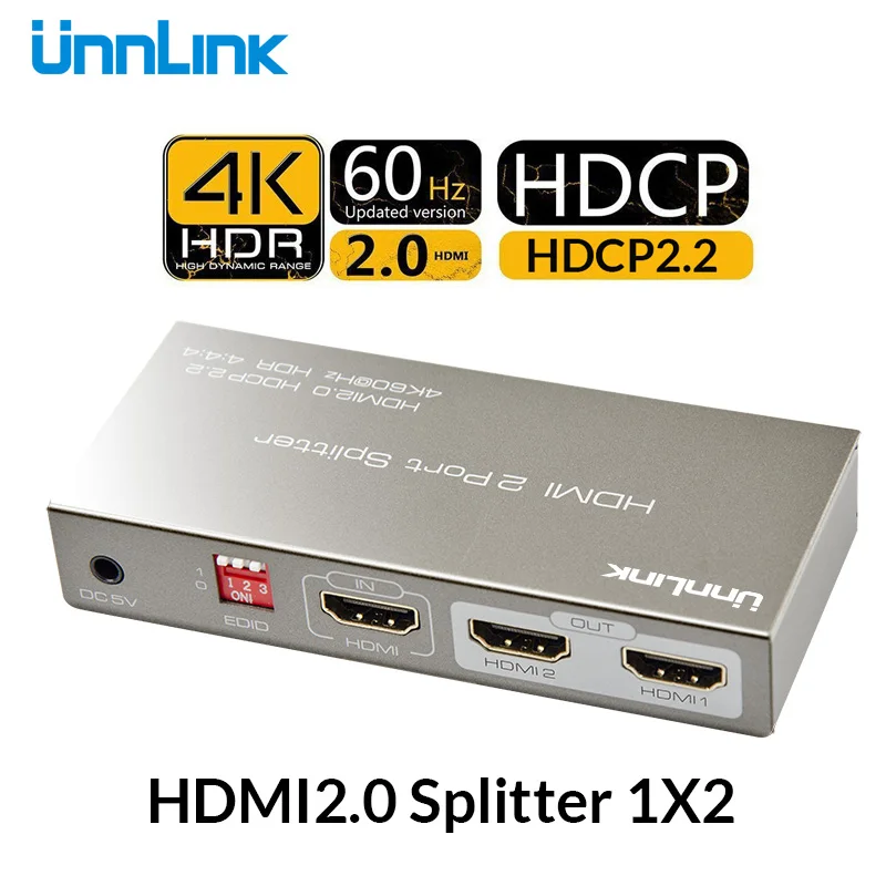 

Unnlink HDMI Splitter 1X2 HDMI2.0 UHD4K@60HZ 18Gbps 4:4:4 HDR HDCP 2.2 3D EDID for LED Smart tv mi tv box ps4 switch projector