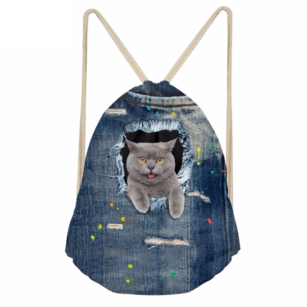 Funny 3D Pocket Denim Shorthair Cat Printed Girls Drawstrings Bags Casual Simple Children Schoolbags Soft BackpacksSumka