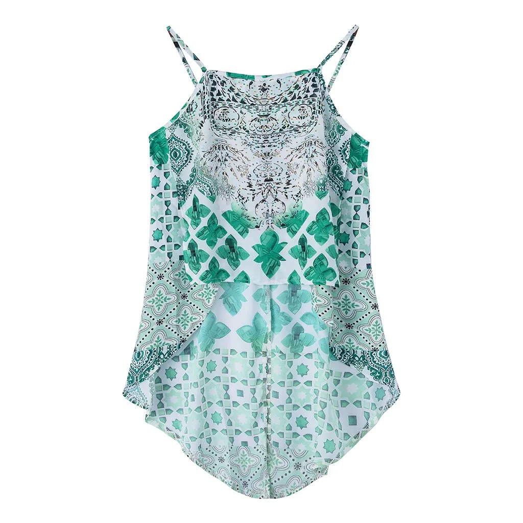 Зеленый Sexy Women Strap Tops Camis Summer Beach Boho Print Tuxedo Sleeveless Chiffon Ladies Irregular Strappy Tanks Vest Tops Blouse - Цвет: Зеленый