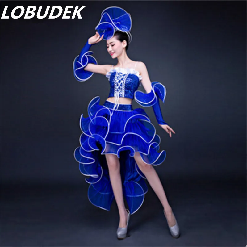 

(top+skrit+cuff)female costume modern dance clothing jazz dance costumes sequined dresses pink adult clothing singer dancer star