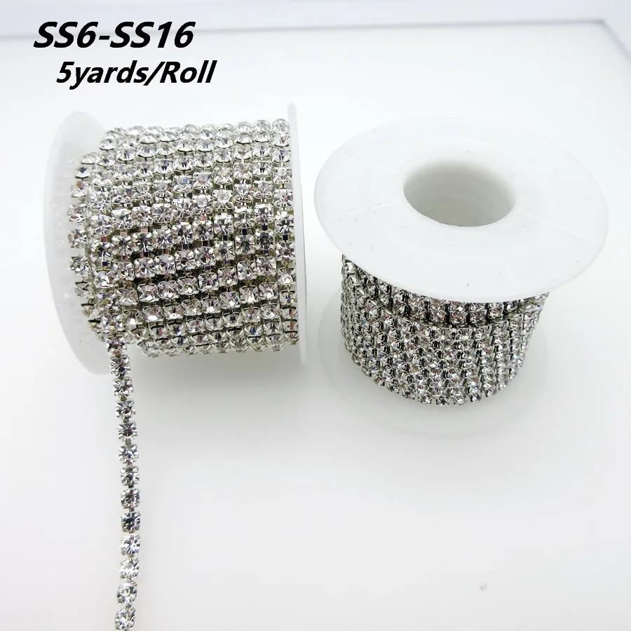 

5yards/roll Clear glitter crystal glass 2mm 2.5mm 2.8mm 3mm 4mm Silver Base Close cup rhinestone Chain apparel Sewing ornament