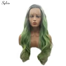 Sylvia женские натуральные волнистые Длинные Синтетические волосы высокотемпературное волокно короткие темные корни фиолетовый/синий зеленый/серый Кружева передние парики