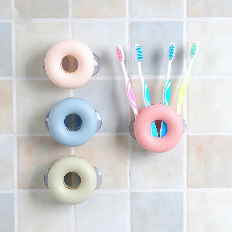 

1Pc Plastic Donut Bathroom Tooth Brush Rack 4 Holes Storage Racks Strong Suction Cups Toothbrush Holder Razor Brush Container