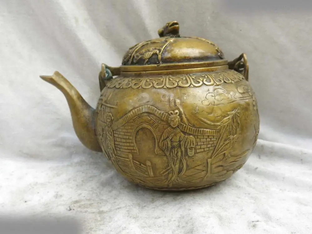 

DS Fine brass Teapot China carved copper lotus frog River South scenery pot Statue