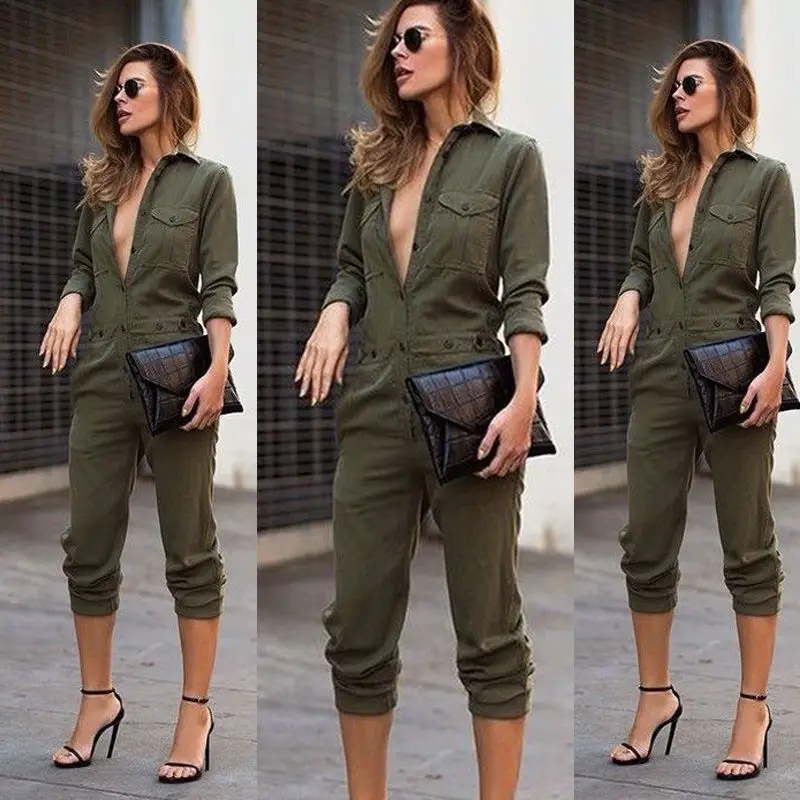 

Sexy Women New Fashion Slim Bodycon Jumpsuit Long Sleeve Army Green Solid Casual Bodysuit Ladies Vintage Romper Long Jumpsuit