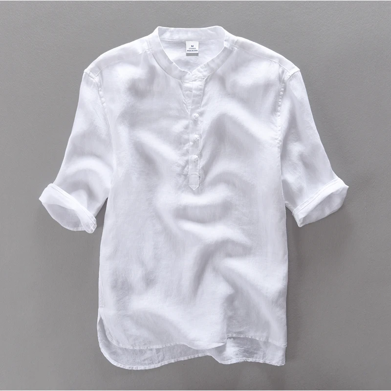 100% Linen Men Casual Short Sleeve Stand Collar Shirt