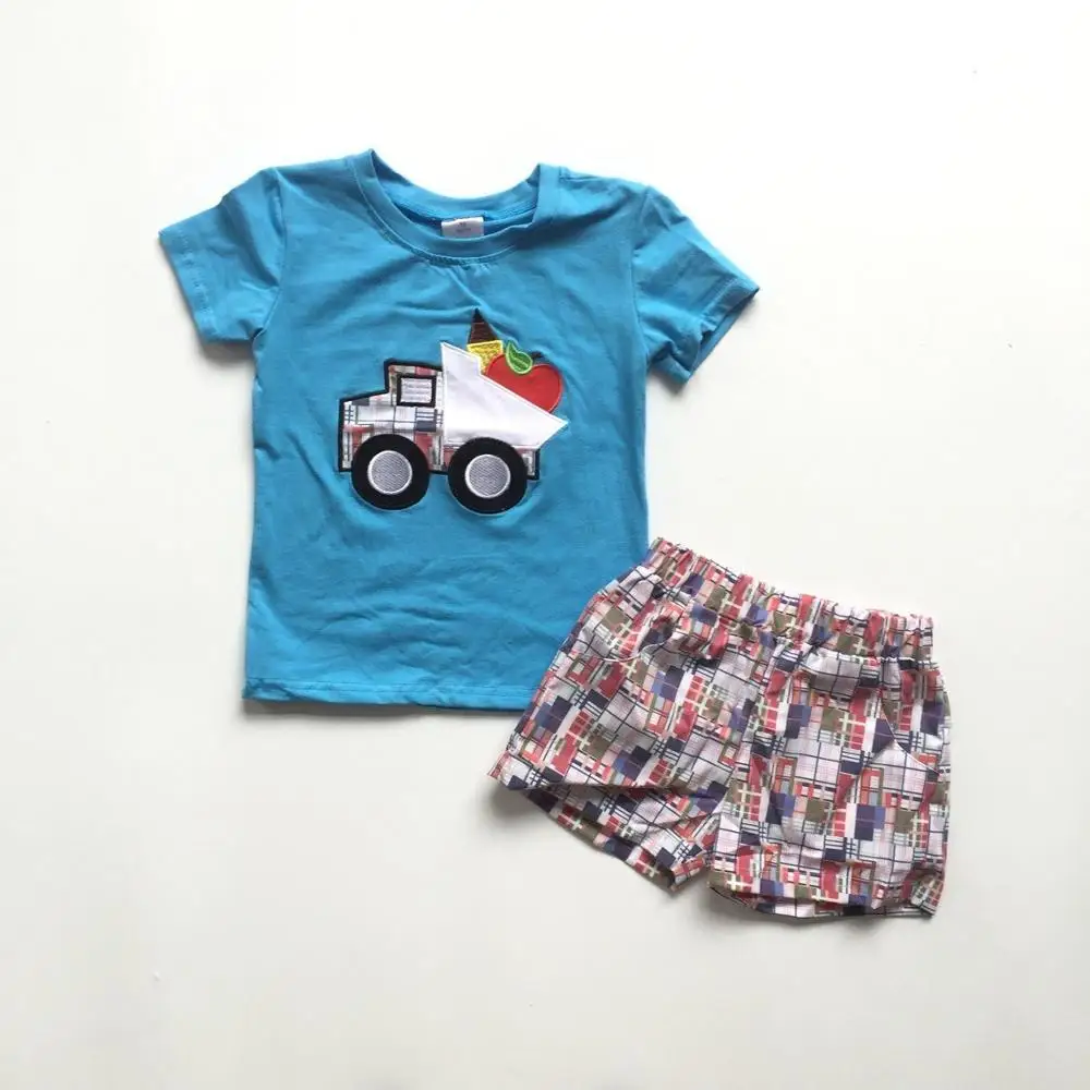 

2019 new arrivals summer baby boy back to school apple plaid truck shorts cotton boutique sets outfits children clothes kidswear