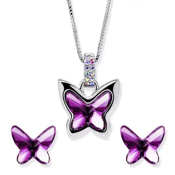 

Purple Crystal Party Dress Bridal Set Butterfly Necklace Earrings Wedding Ladies Jewelry Set Women Gift