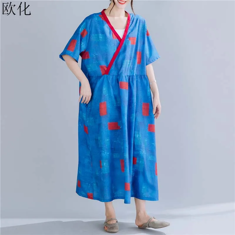 

Vintage Plaid V Neck Cotton Maxi Dress Women Robe Loose Casual Summer Sundress Plus Size Retro Linen Long Dresses Vestidos 4XL