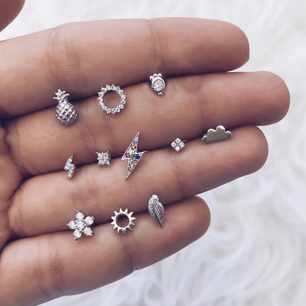 

11pcs/set Bohemia Stud Earrings For Women Vintage Silver Crystal Pineapple Flower Earring Set Brincos 2019 Fashion Jewelry