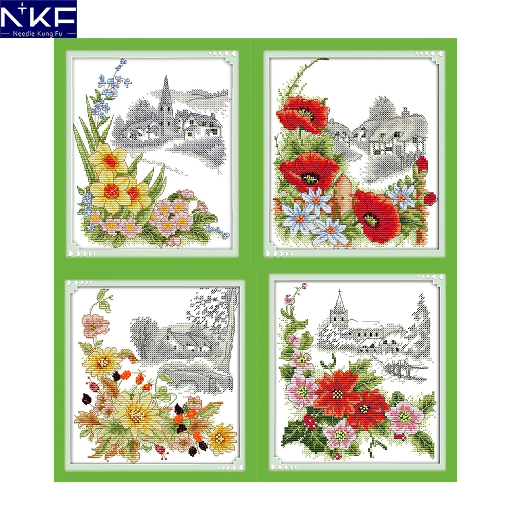 

NKF Four Season Flower Counted Cross Stitch Embroidery Sets 11CT 14CT DIY Kits Needlework Cartoon Cross Stitch Pattern for Kids