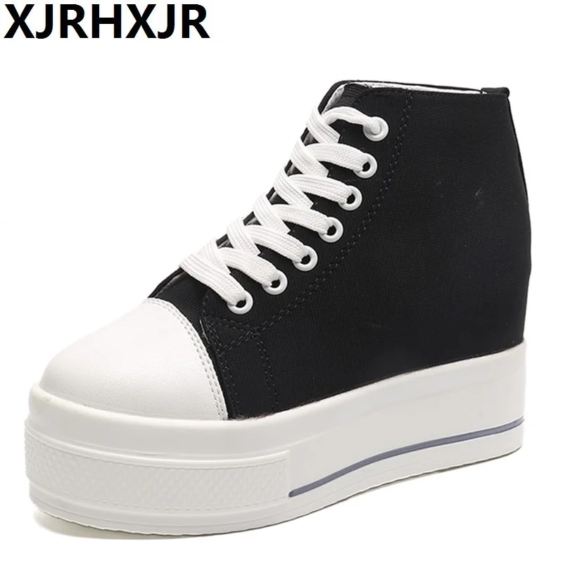 

XJRHXJR White Women Shoes 2018 Platform Hidden Wedge Canvas Shoes For Women Fashion 10cm High Heel Casual Canvas Shoes Ladies