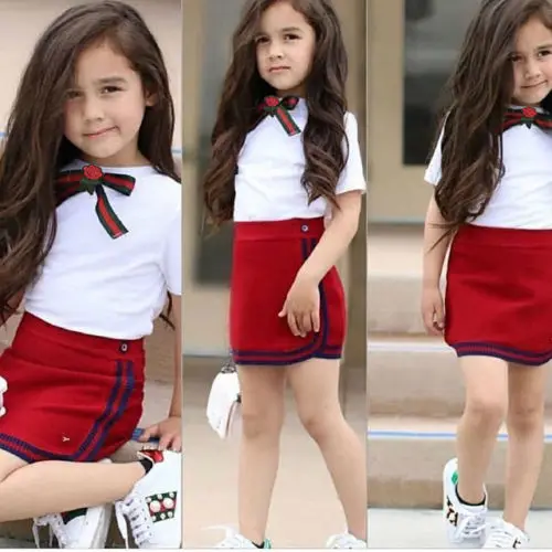 

2018 Newborn Kids Baby Girls Summer Fashion Short Sleeve Tops Bowknot Flower Tie Tops T-shirtTops Red Sheath Skirts Outfits Set