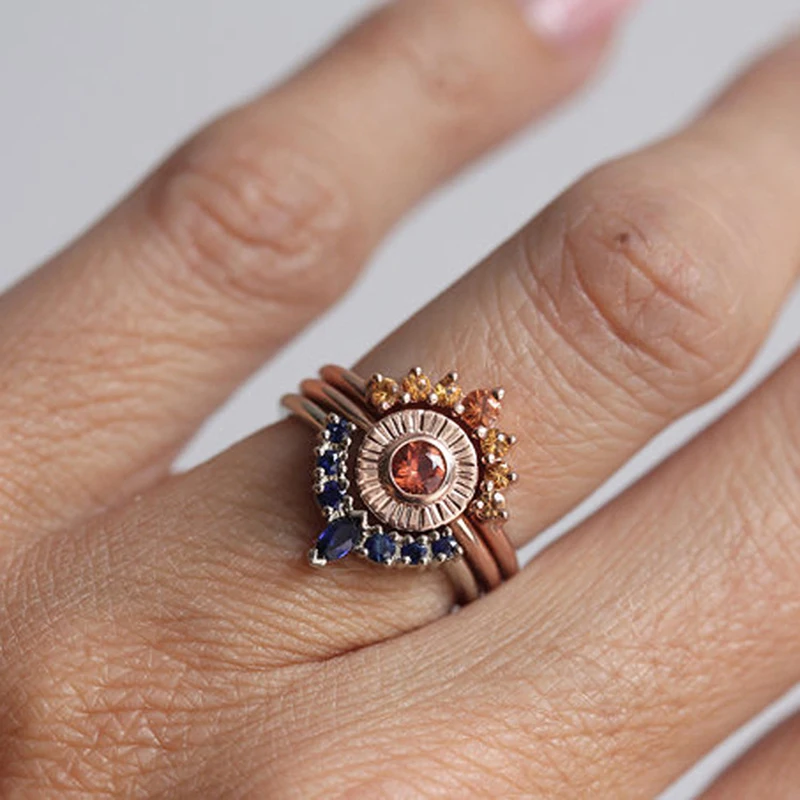

Rose Gold Color Creative Rings 3PCS/Set Stackable Three-piece Set Rhinestone Rings Trendy Jewelry Women Engagement Rings