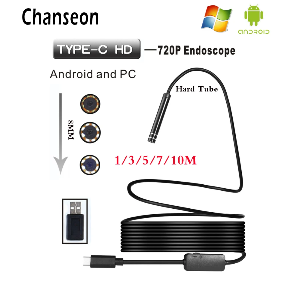 Chanseon 8mm HD 720P USB Endoscope Camera TYPE-C Endoscope Inspection Hard Tube Camera PC Android for Huawei Phones Borescope