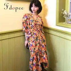 Летнее платье 2019 милые романтические цветы Корея Мода сексуальный шнурок v-образным вырезом Асимметричный подол хит цвет бандаж большого