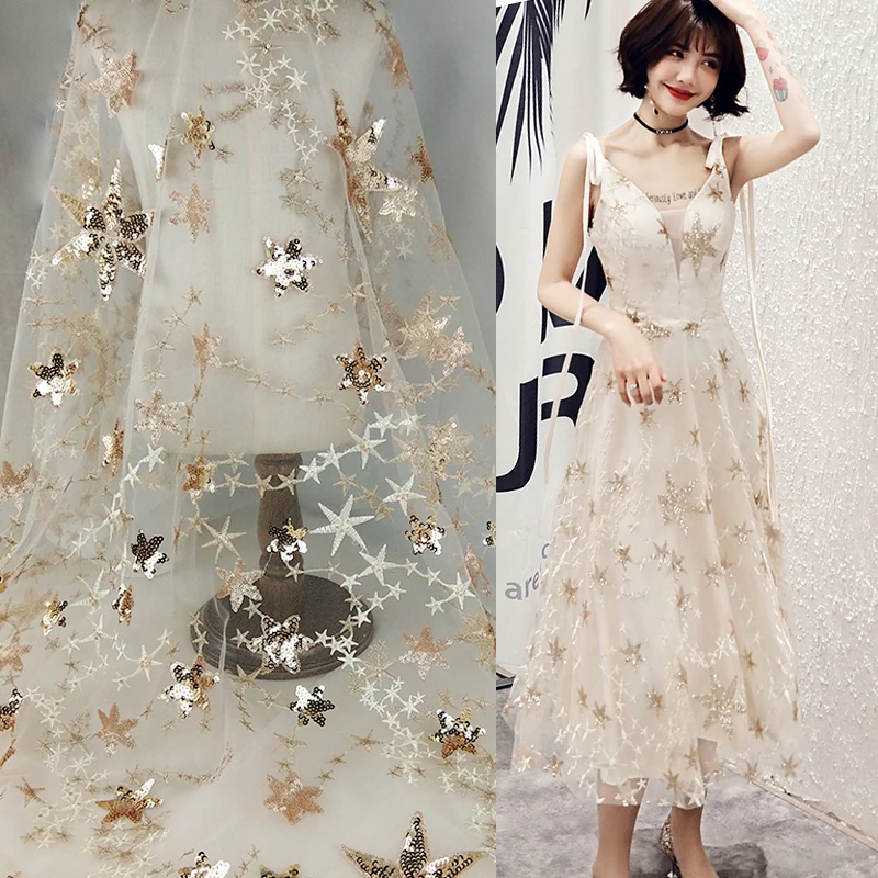 

Gold Sequins Stars French Mesh Embroidery Lace Fabric Tulle Sewing Lace Materials For Girl's Dress Costume Dance Dress Lace Trim