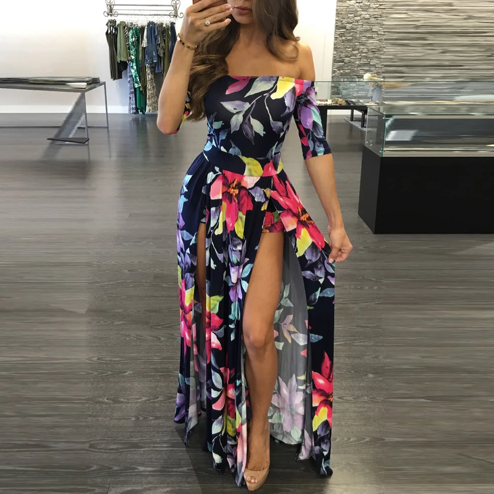 

Women Dress 2018 Summer Long Maxi Dress Women Floral Print Dress Ankle -Length High Slit Bohemian Dress Female Big Size