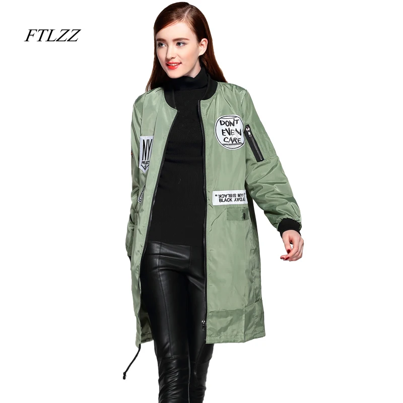 Ftlzz Autumn Women Medium Long Jacket Letter Print Slim Fashion Female Coats Zipper Plus Size Chic Bomber Jacket Women