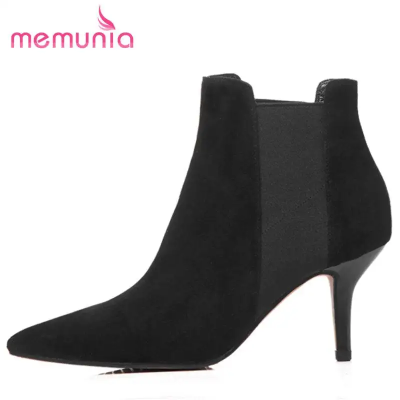 

MEMUNIA NEW arrival 2020 fashion slip on ankle boots for women pointed toe cow suede boots stiletto med heel autumn boots