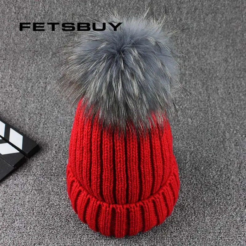 

FETSBUY Mink Fur Ball Cap Gray Pom Poms Winter Hat For Women Girl 'S Wool Hat Knitted Cotton Beanies Cap Brand Thick Female Cap
