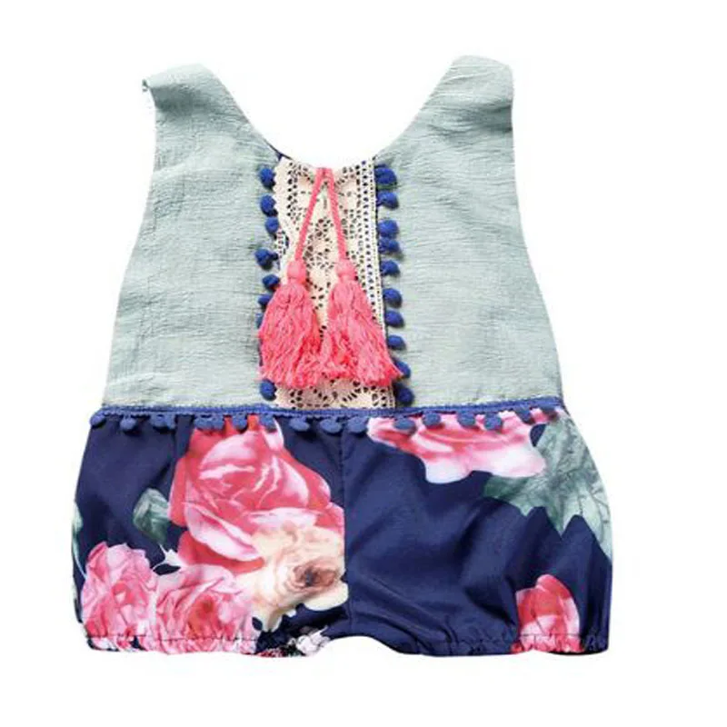 infantil newborn baby sunsuit Beach Suit cute baby girl clothes flower print O-neck Sleeveless tassel jumpsuit summer outfits