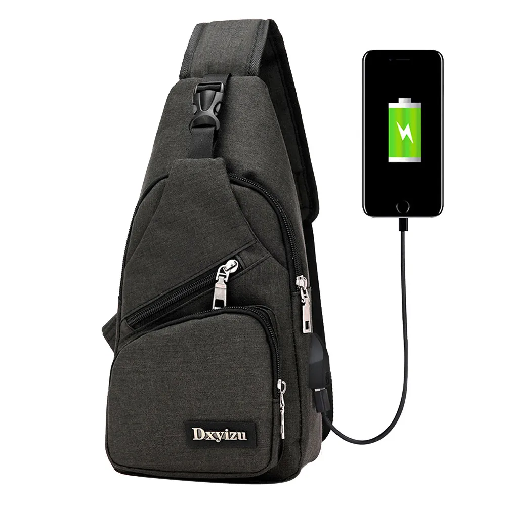 

Solid Zipper Usb Outdoor Sports Casual Canvas Unbalance Crossbody Sling Shoulder Bag Sacoche Homme shoulder bag
