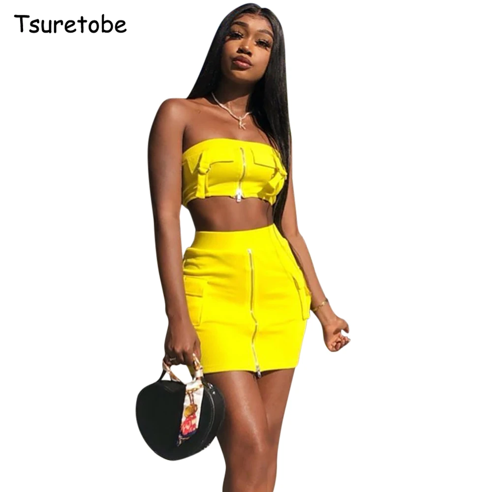 

Tsuretobe Sexy Strapless Two Piece Set Zipper Women Off Shoulder Crop Top And High Waist Mini Skirts Set Sleeveless Suit Outfits