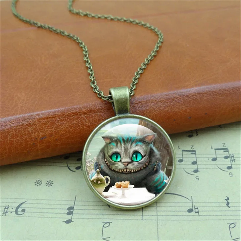 Винтаж стекло кабошон ювелирные изделия с посеребренные Чеширский кот кулон в форме длинное ожерелье-чокер для вечерние