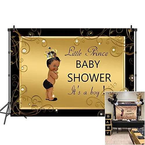 

Neoback Royal Black Baby Shower Backdrop Black Little Prince Photo Background Welcome Baby Boy Backdrops Banner for Newborn Boys