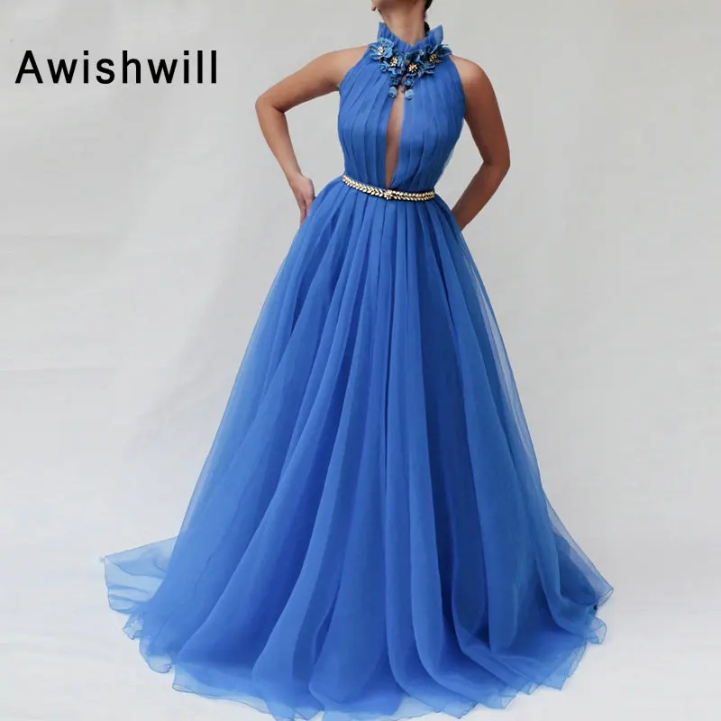 4 (1) Blue 2019 Prom Dresses A-Line High Neck Beaded Flowers Tulle Long Party Maxys Long Prom Gown Evening Dress Robe De Soiree