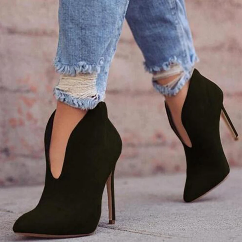 Goede KHTAA Vrouwen Flock Hoge Hakken Dunne Puntige Teen Vrouwelijke Enkellaarsjes Comfort Plus Size Dames Sexy Solid Casual Mode Schoenen 2018