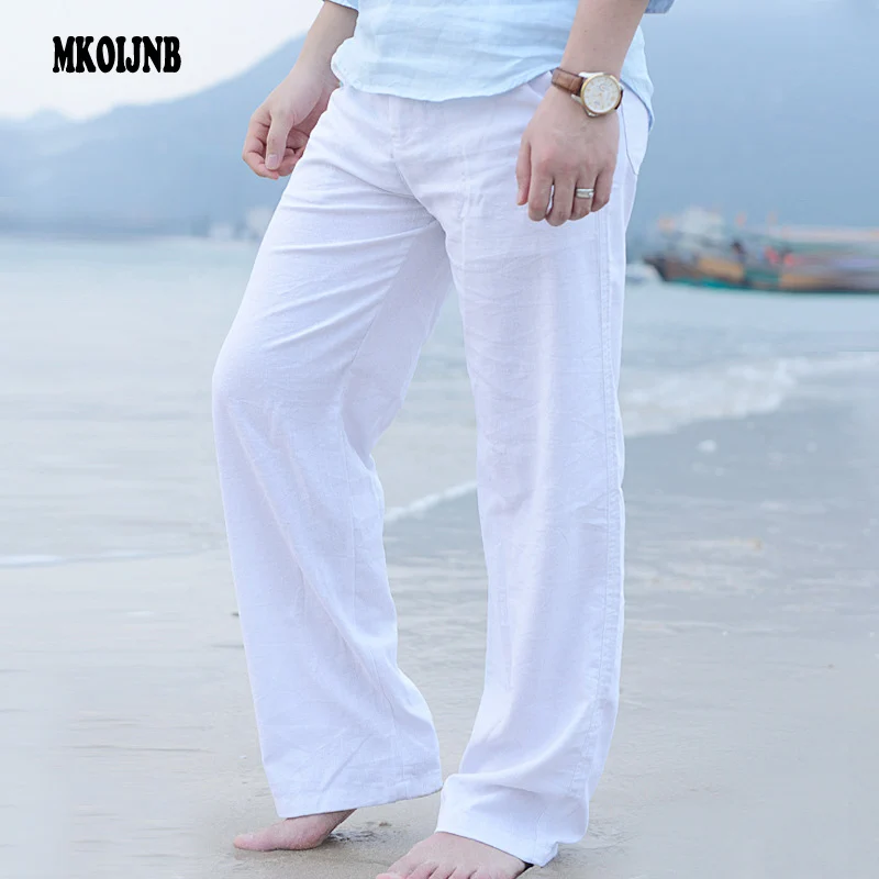 Goedkoop Nieuwe Top kwaliteit mannen Zomer Casual Broek Natuurlijke Katoenen Linnen Broek Wit Linnen Elastische Taille Rechte Man Broek