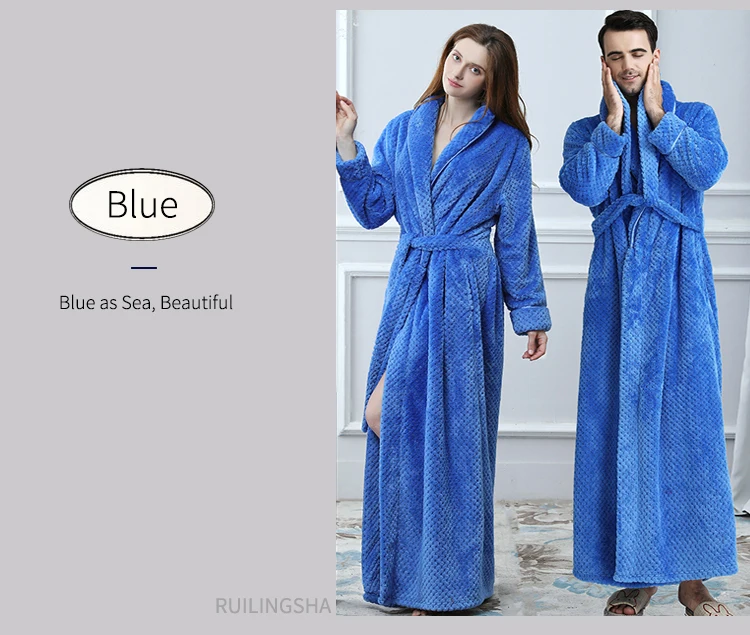 Men Women Winter Extra Long Thicken Grid Flannel Warm Bath Robe Luxury Soft Thermal Bathrobe Mens Dressing Gown Male Sexy Robes