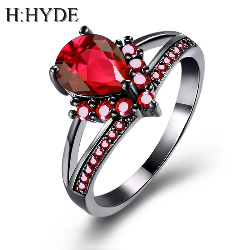 

H:HYDE Luxury Red Heart AAA Zircon Green/Purple/Black Engagement Rings For Women Vintage Fashion Black Gold Filled Jewelry