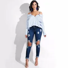 Женская синяя белая полосатая рубашка с открытыми плечами и тонкими бретельками с длинным рукавом, повседневные топы, повседневная одежда