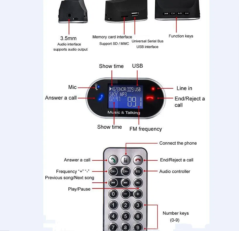 Fm-передатчик Bluetooth автомобильный комплект Hands free MP3-плеер USB зарядное устройство 3,5 мм Aux lcd пульт дистанционного FM радио Беспроводные аксессуары для телефонов 12 В