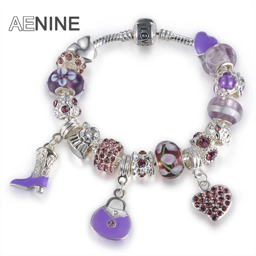 

AENINE Silver Charm Bracelet & Bangle With Heart Bag High Heels Charm And Crystal Ball Beads For Women Drop Shipping PABR049